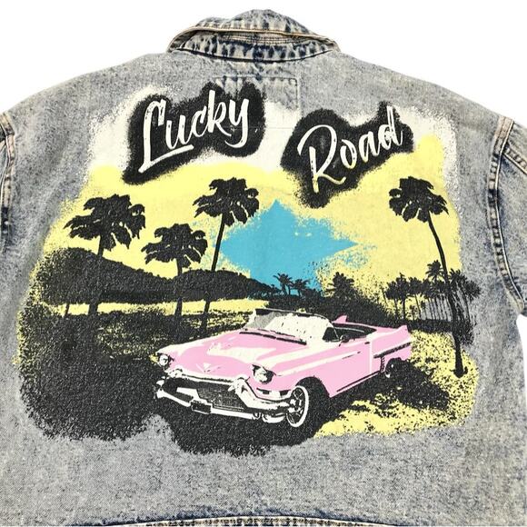 ASHLEY VINTAGE CHARM Trucker Painted Denim Jacket Sz M Acid Wash Cowgirl Biker - Picture 6 of 13